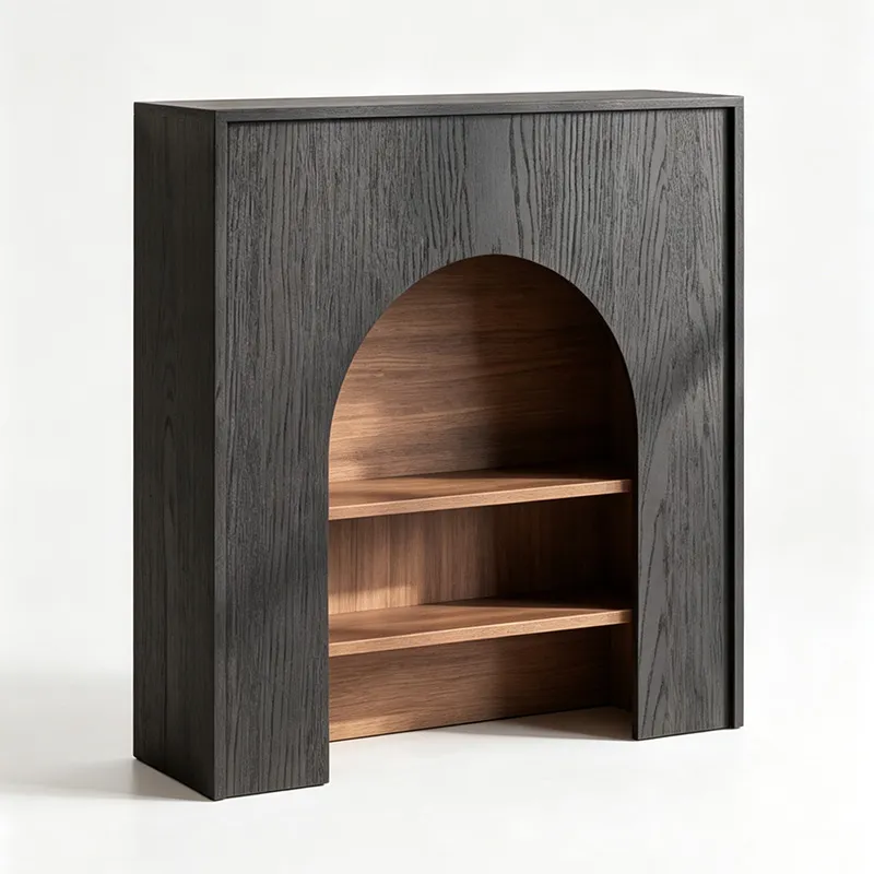Black and walnut fireplace shelf cabinet with an arched opening and adjustable shelves for a living room