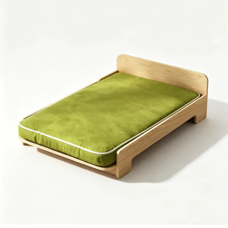 Minimalist wooden pet bed with a sage green cushion on a low frame
