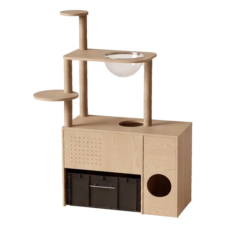 Cat tree with a pull-out litter tray, platforms and rope-wrapped posts on a litter cabinet