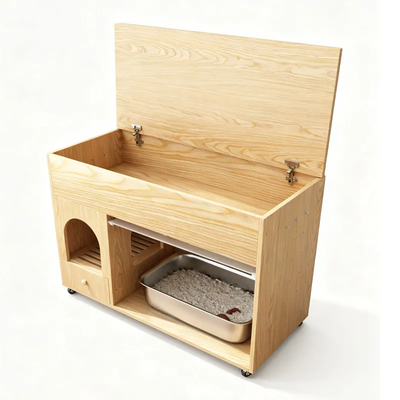 Aufklappbarer Holz-Toilettenschrank mit sichtbarer Katzentoilettenwanne im Inneren und Rollen
